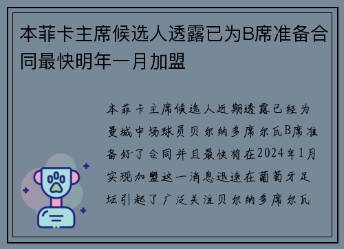 本菲卡主席候选人透露已为B席准备合同最快明年一月加盟